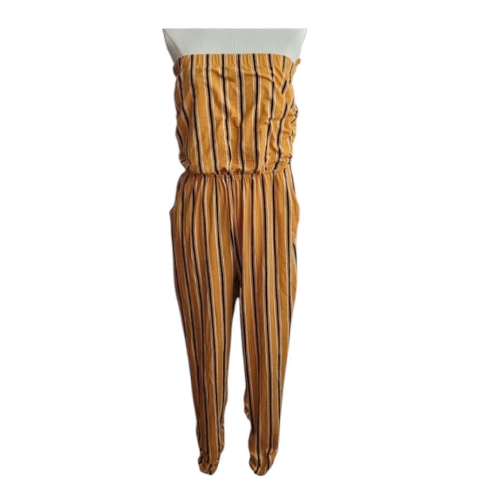 Love J Mustard Yellow Black & White Striped Strapless Cinched Romper Size Large